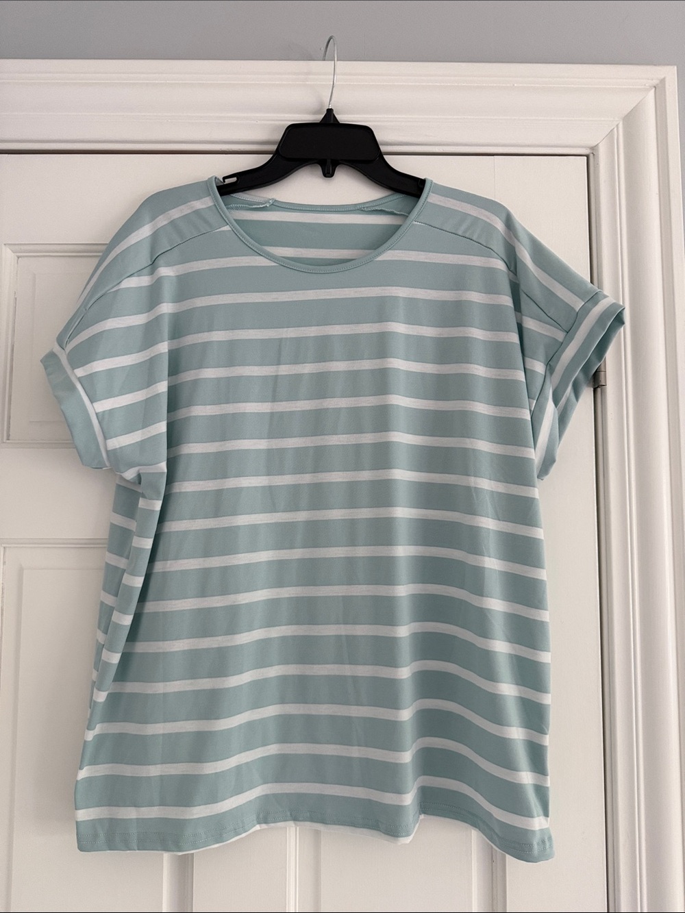 SHEIN Mint Green and White Striped Rolled-Sleeve Tee